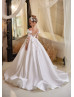 Beaded White Lace Satin 3D Flowers Flower Girl Dress